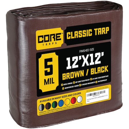 Core Tarps Heavy Duty Tarp, 12 ft L x 0.5 mm H x 12 ft W, 5 Mil, Brown/Black, Polyethylene CT-502-12X12